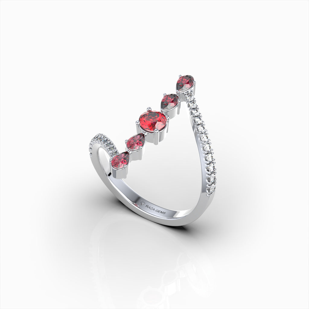Mia - Modern Pear & Round Ruby Cascade Ring in 18K Solid Gold with Moissanite Accents