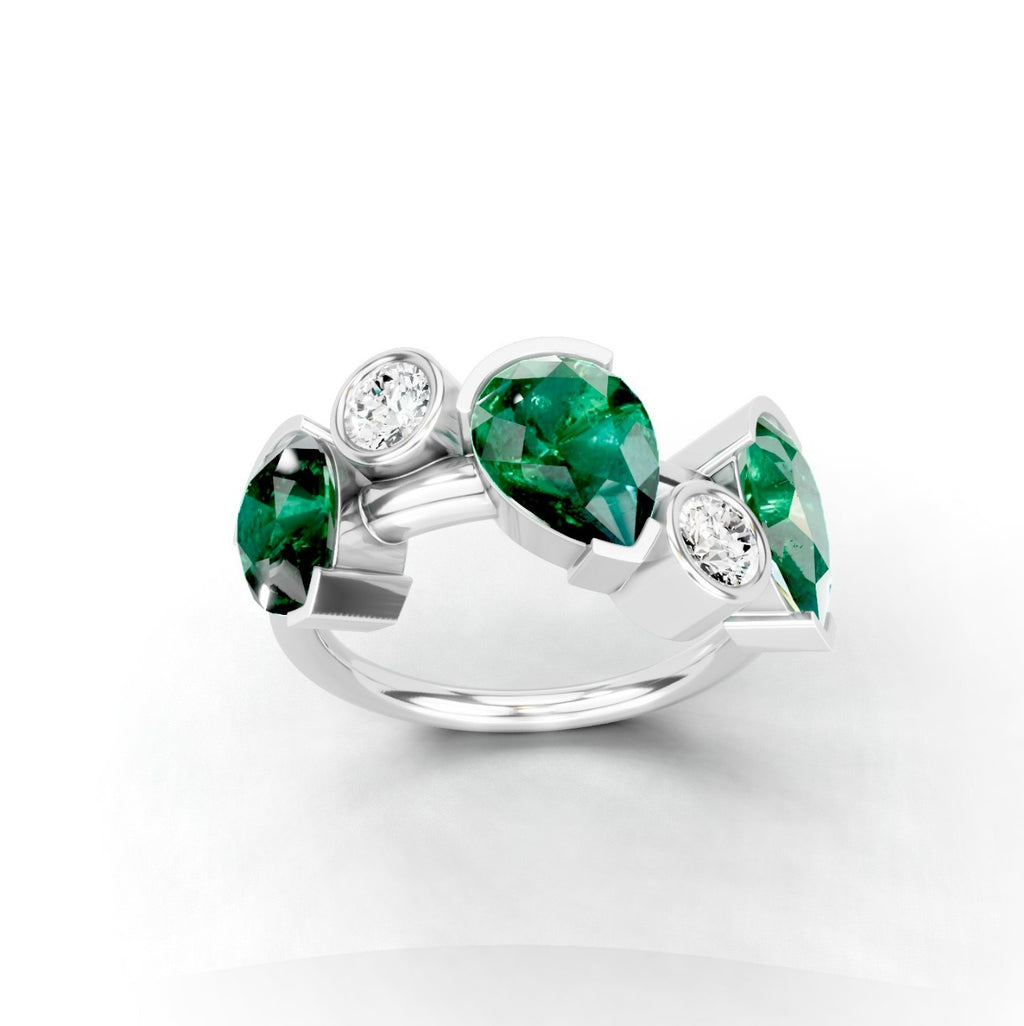 Lumina Trio: Pear-Cut Emerald and Diamond Ring