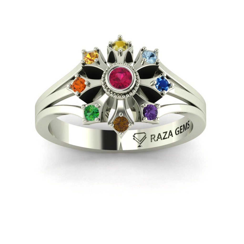 Navratna Stones Ring for Women in White 18K Gold for Sale