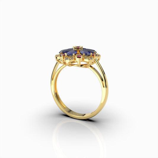 Darcie - Blue Sapphire, Ruby & Moissanite Floral Ring in 18K Gold