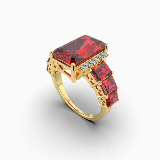 Emma  - Emerald Cut Ruby & Moissanite Graduated Statement Ring in 18K Gold