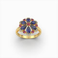 Darcie - Blue Sapphire, Ruby & Moissanite Floral Ring in 18K Gold