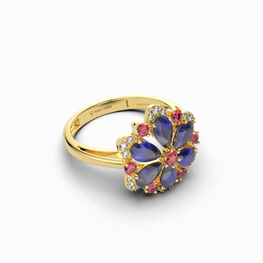 Darcie - Blue Sapphire, Ruby & Moissanite Floral Ring in 18K Gold