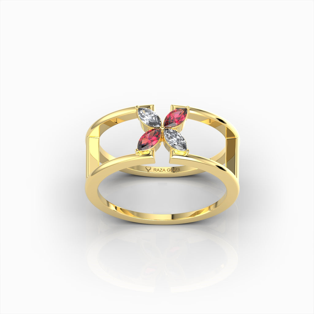 Ottilie - Open Double Band Ruby & Moissanite Blossom Ring in 18K Solid