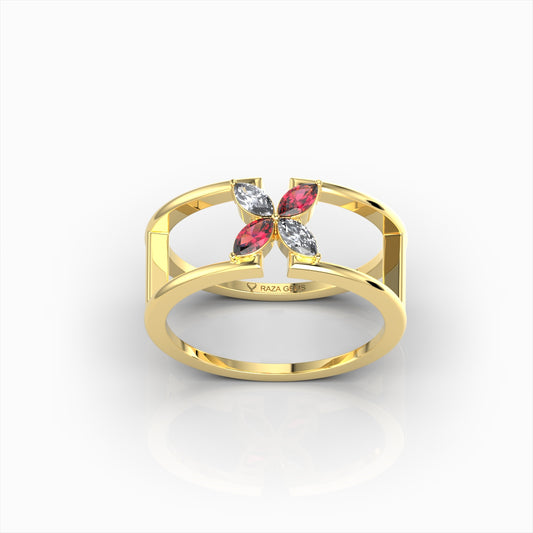 Ottilie - Open Double Band Ruby & Moissanite Blossom Ring in 18K Solid