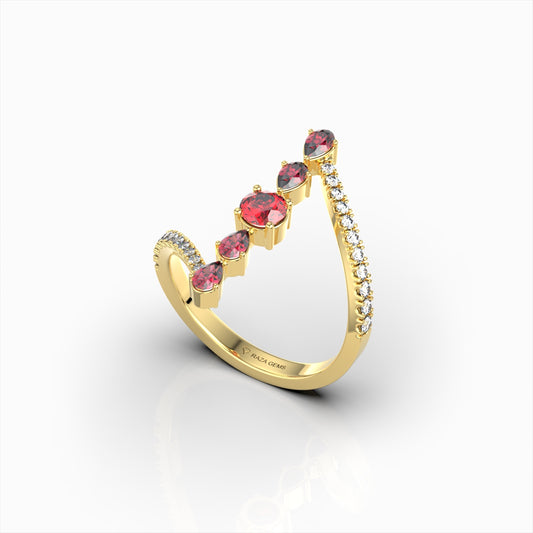 Mia - Modern Pear & Round Ruby Cascade Ring in 18K Solid Gold with Moissanite Accents