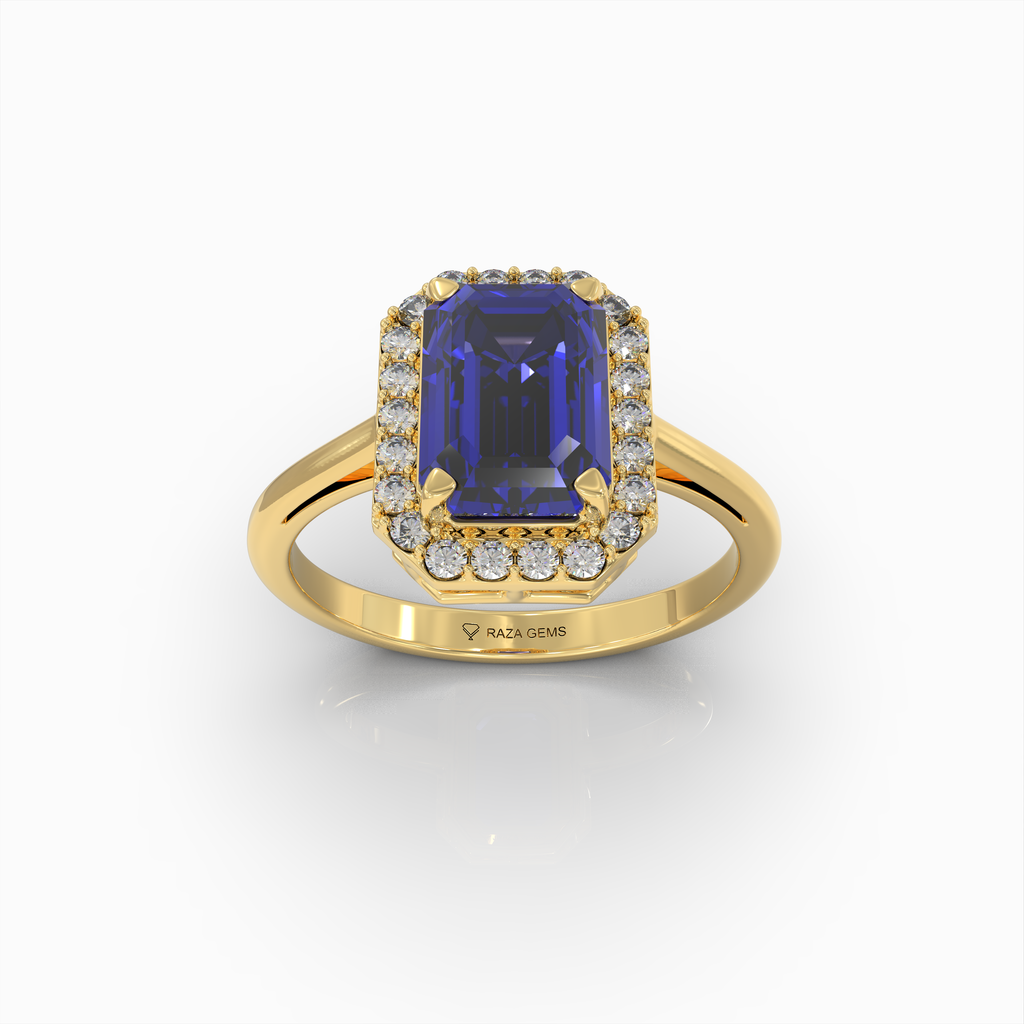 Ivy - 18K Solid Gold Emerald-Cut Natural Blue Sapphire Ring with Moissanite Halo