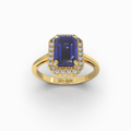 Ivy - 18K Solid Gold Emerald-Cut Natural Blue Sapphire Ring with Moissanite Halo