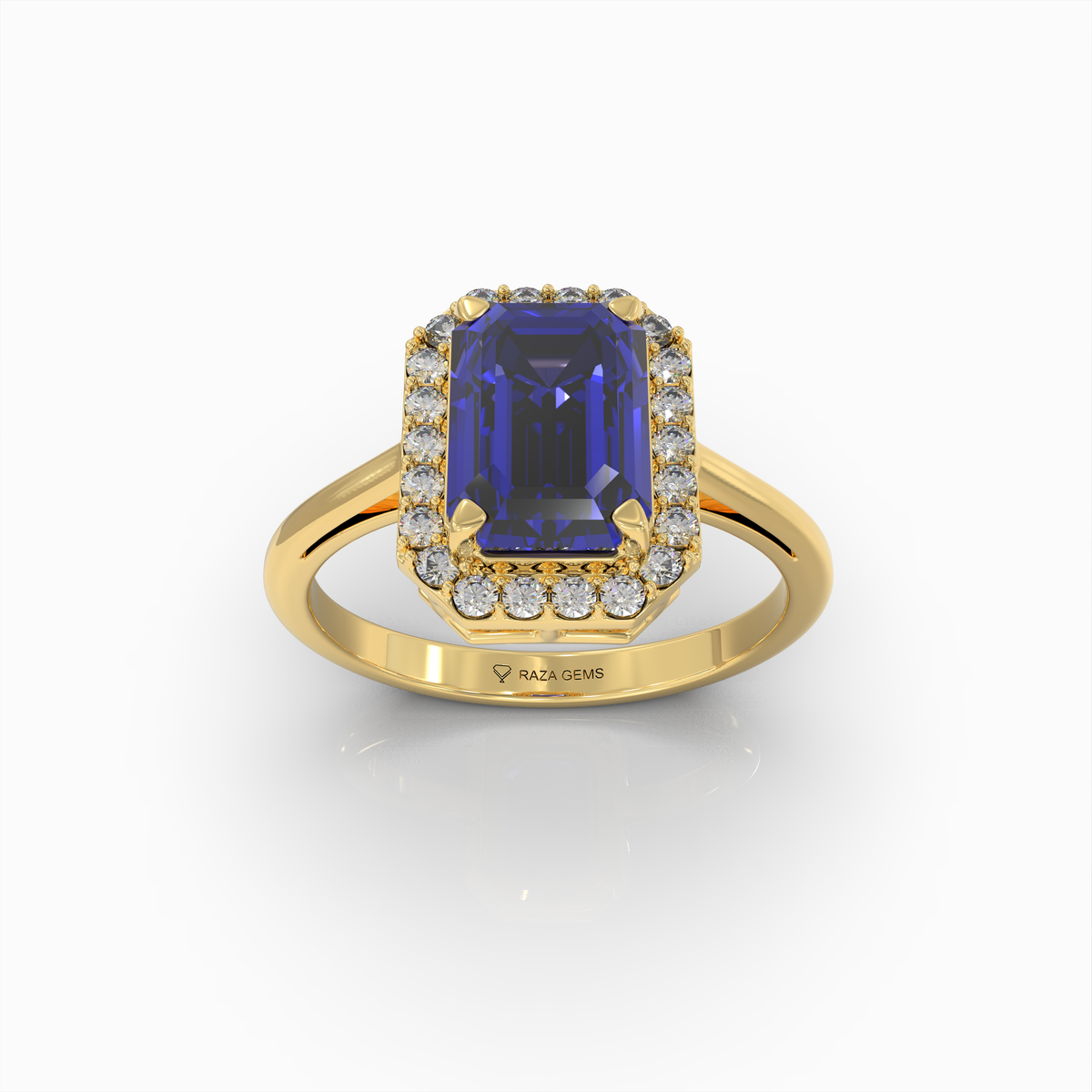 Ivy - 18K Solid Gold Emerald-Cut Natural Blue Sapphire Ring with Moissanite Halo