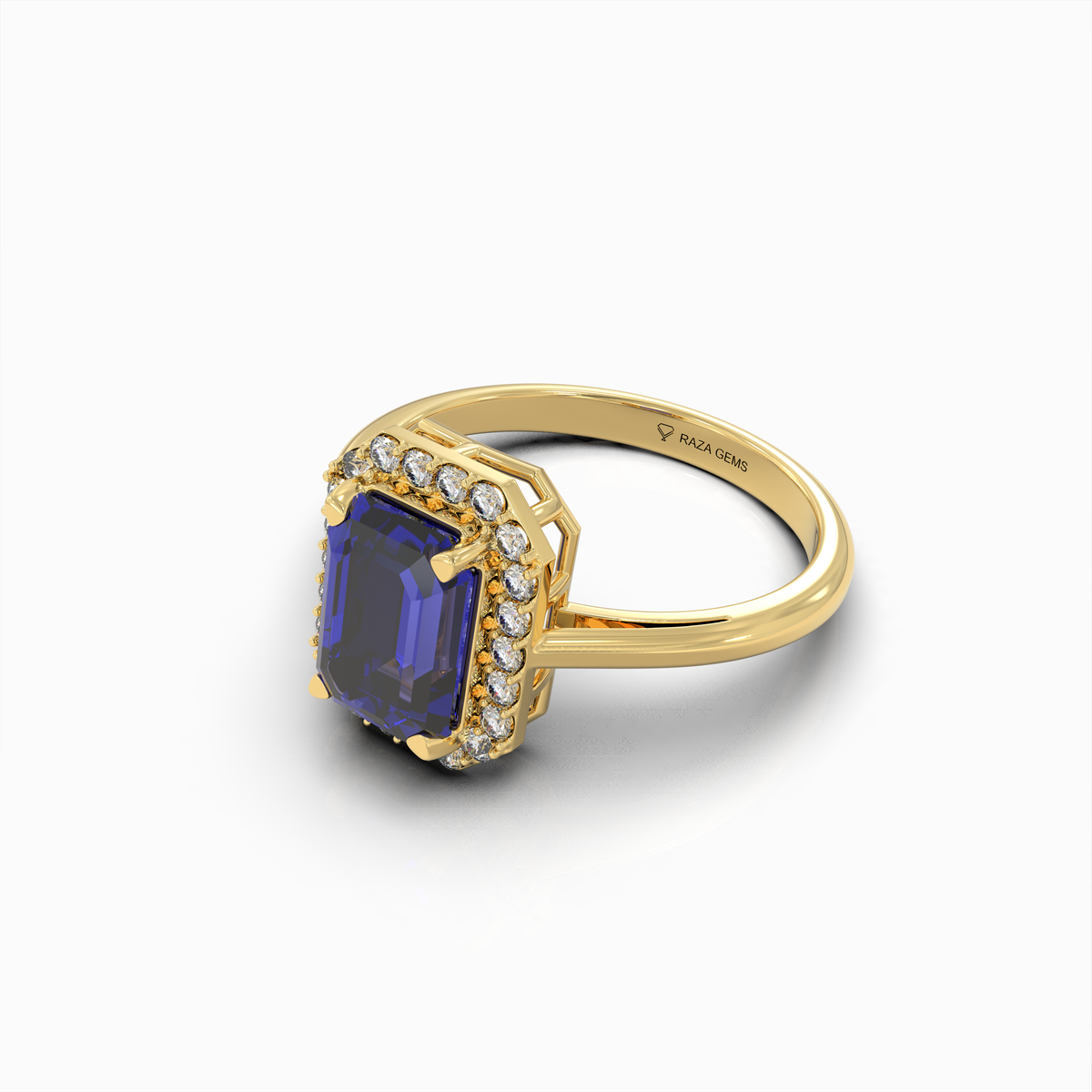 Ivy - 18K Solid Gold Emerald-Cut Natural Blue Sapphire Ring with Moissanite Halo