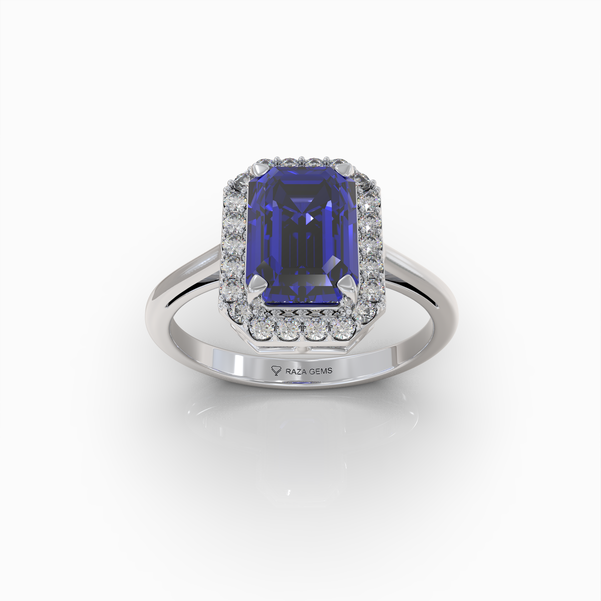 Ivy - 18K Solid Gold Emerald-Cut Natural Blue Sapphire Ring with Moissanite Halo