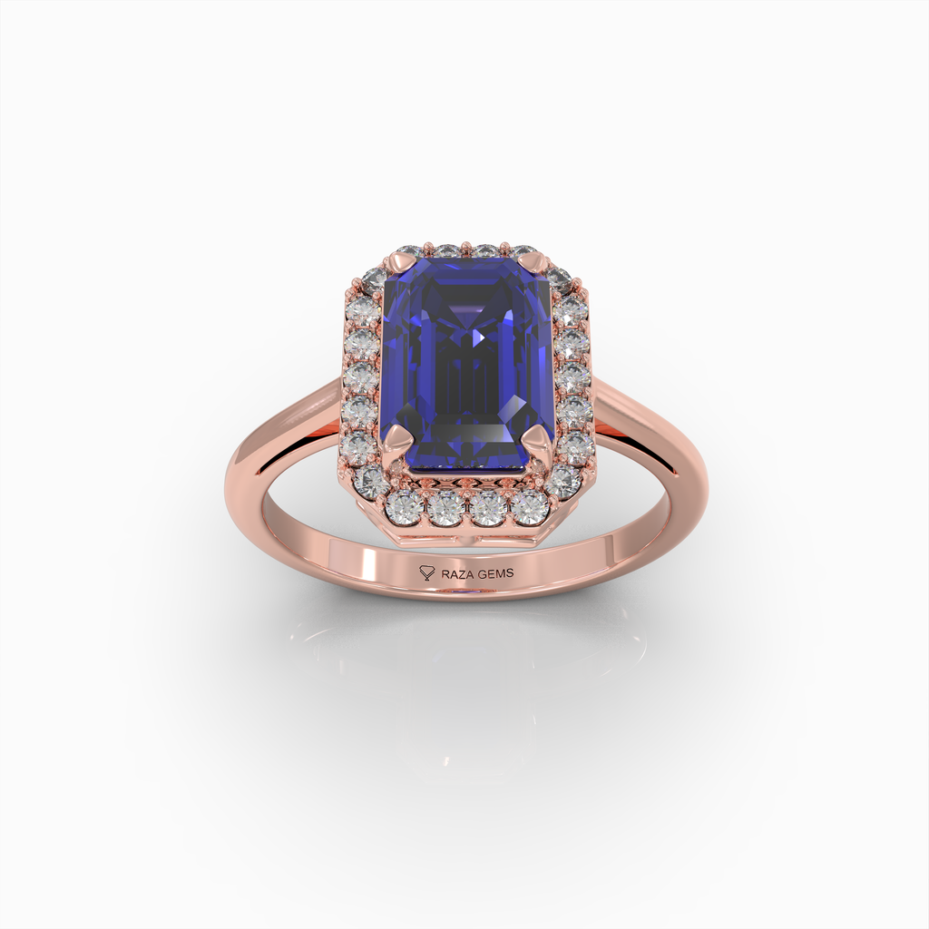 Ivy - 18K Solid Gold Emerald-Cut Natural Blue Sapphire Ring with Moissanite Halo
