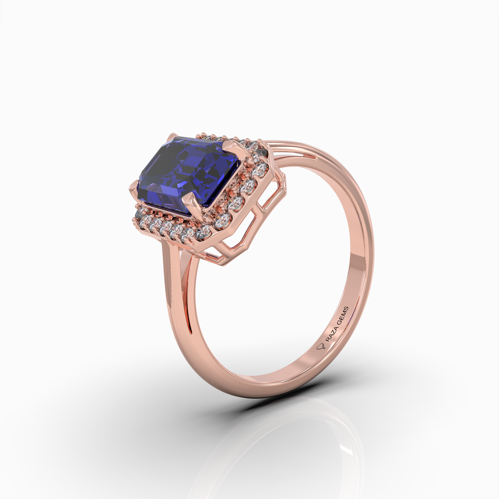 Ivy - 18K Solid Gold Emerald-Cut Natural Blue Sapphire Ring with Moissanite Halo