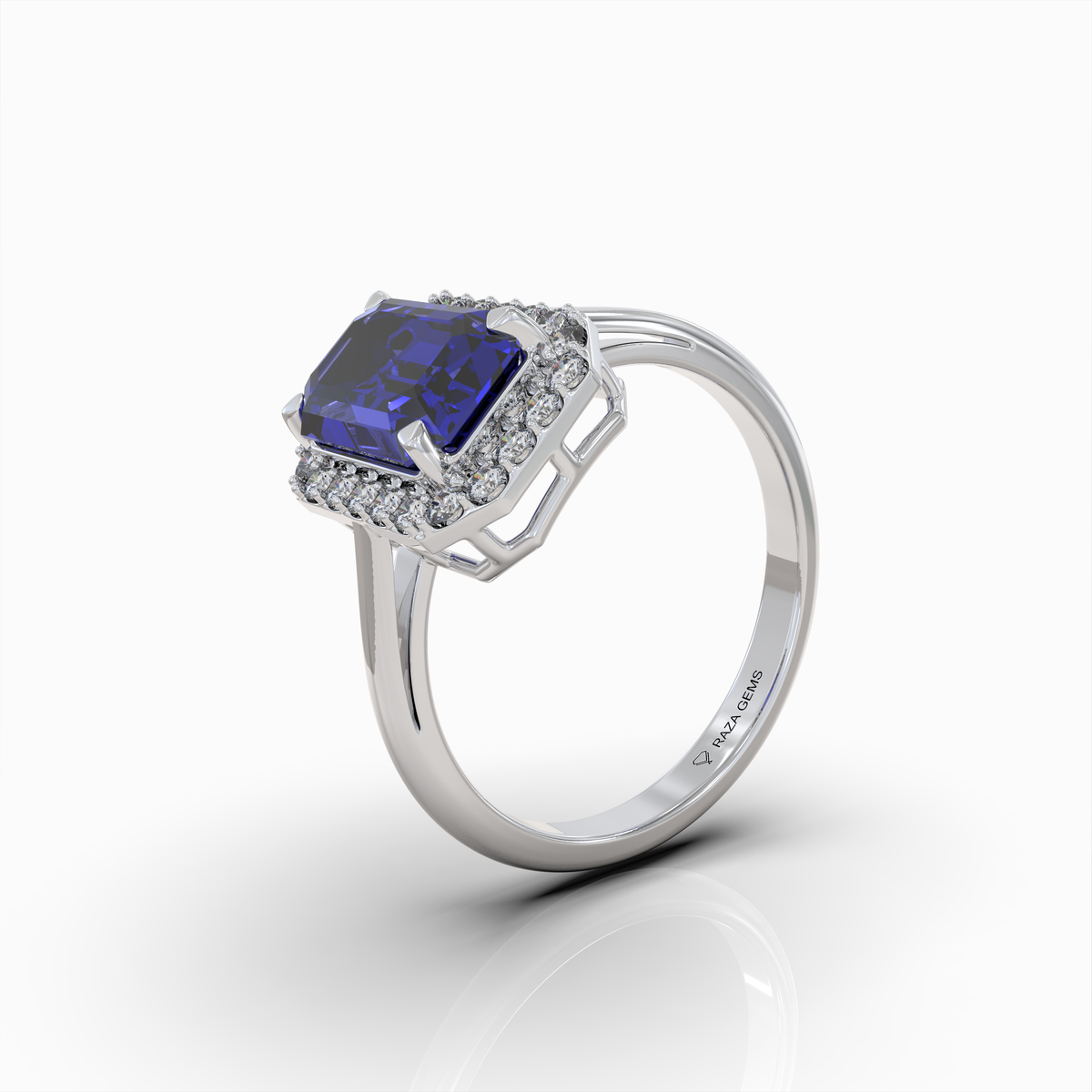 Ivy - 18K Solid Gold Emerald-Cut Natural Blue Sapphire Ring with Moissanite Halo