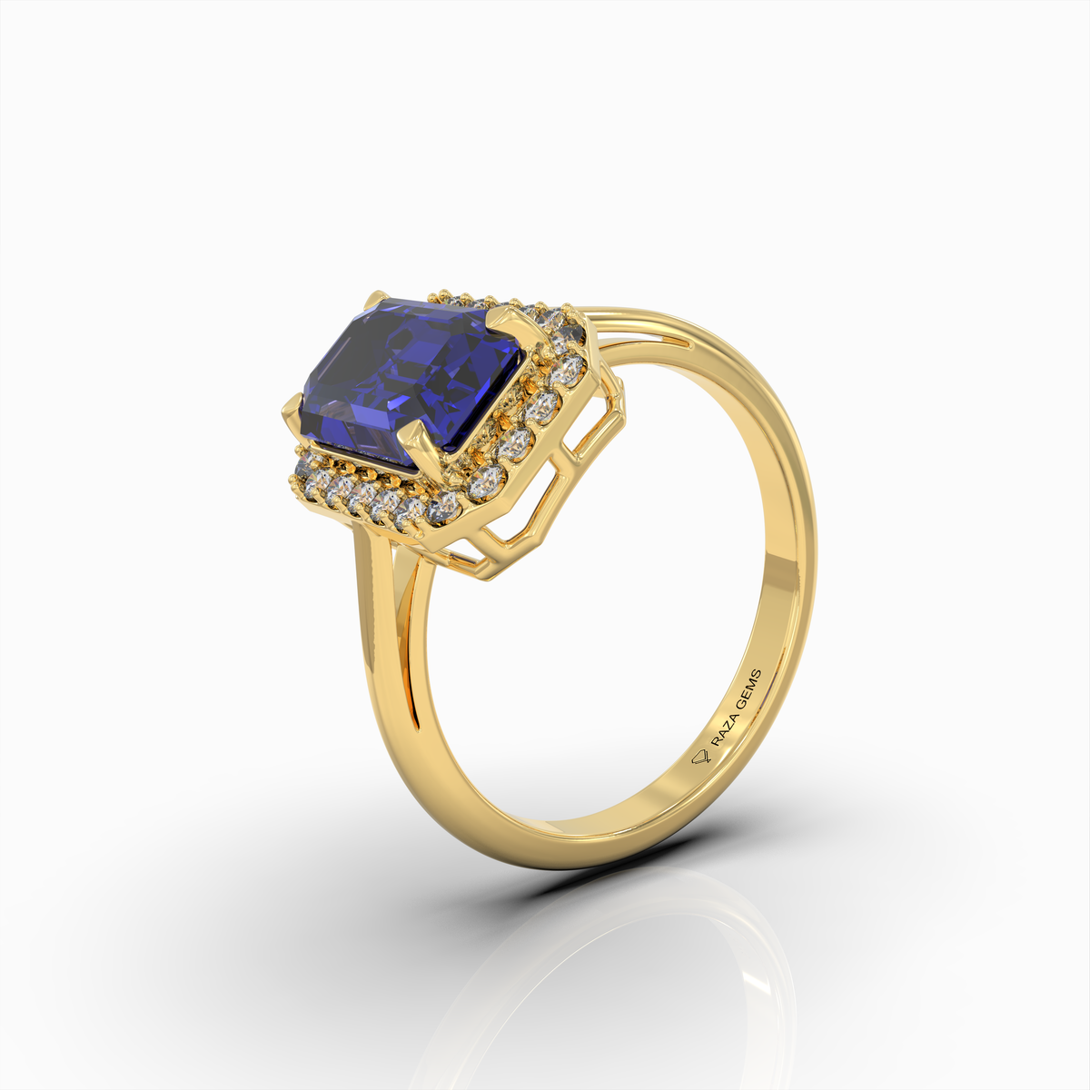 Ivy - 18K Solid Gold Emerald-Cut Natural Blue Sapphire Ring with Moissanite Halo
