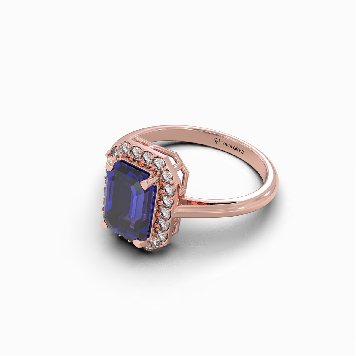 Ivy - 18K Solid Gold Emerald-Cut Natural Blue Sapphire Ring with Moissanite Halo