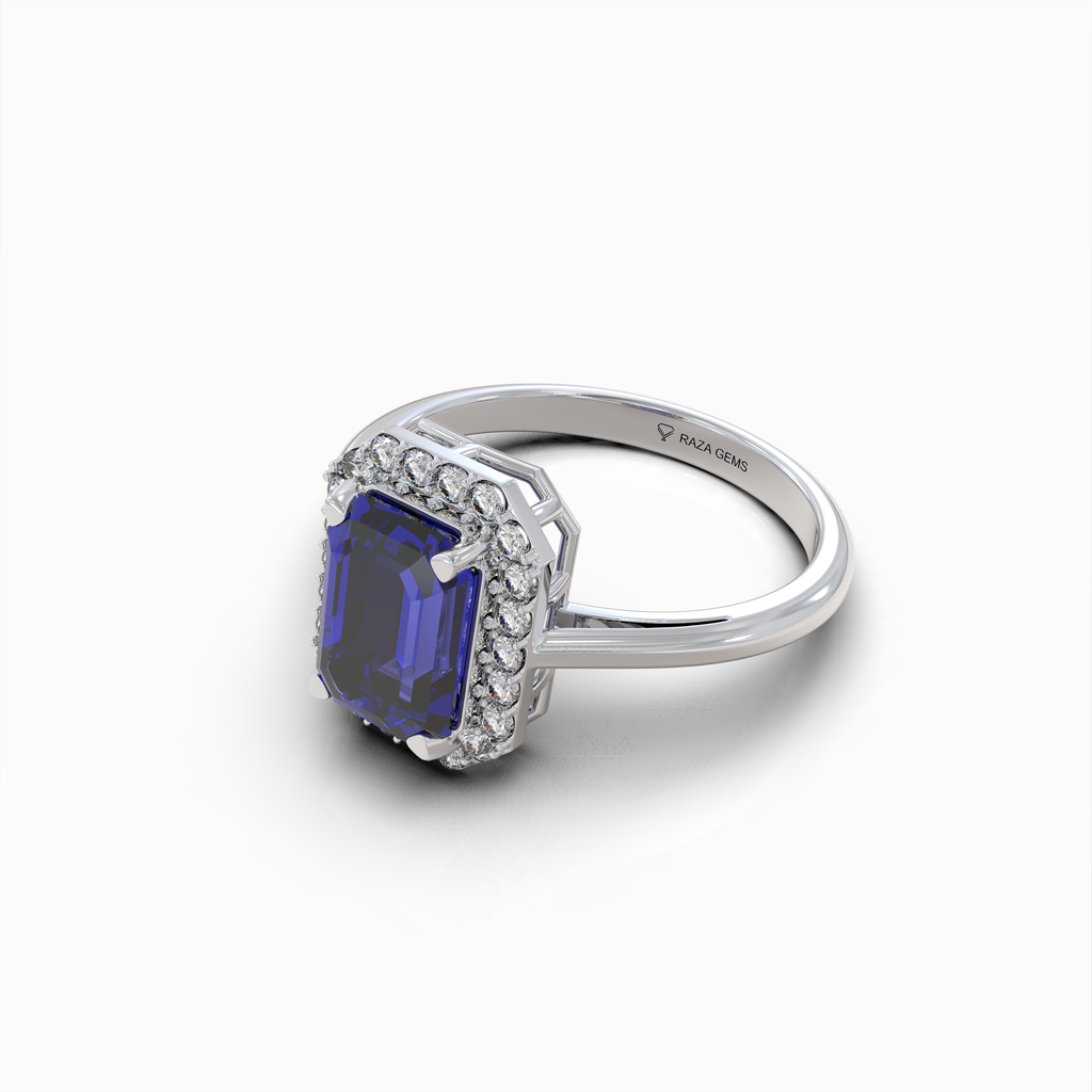 Ivy - 18K Solid Gold Emerald-Cut Natural Blue Sapphire Ring with Moissanite Halo