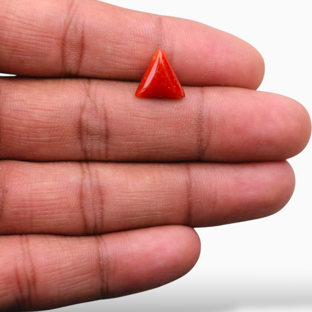 Real Coral Moonga Stone For Sale 3.40 Carats Triangle Shape Size 11.1mm