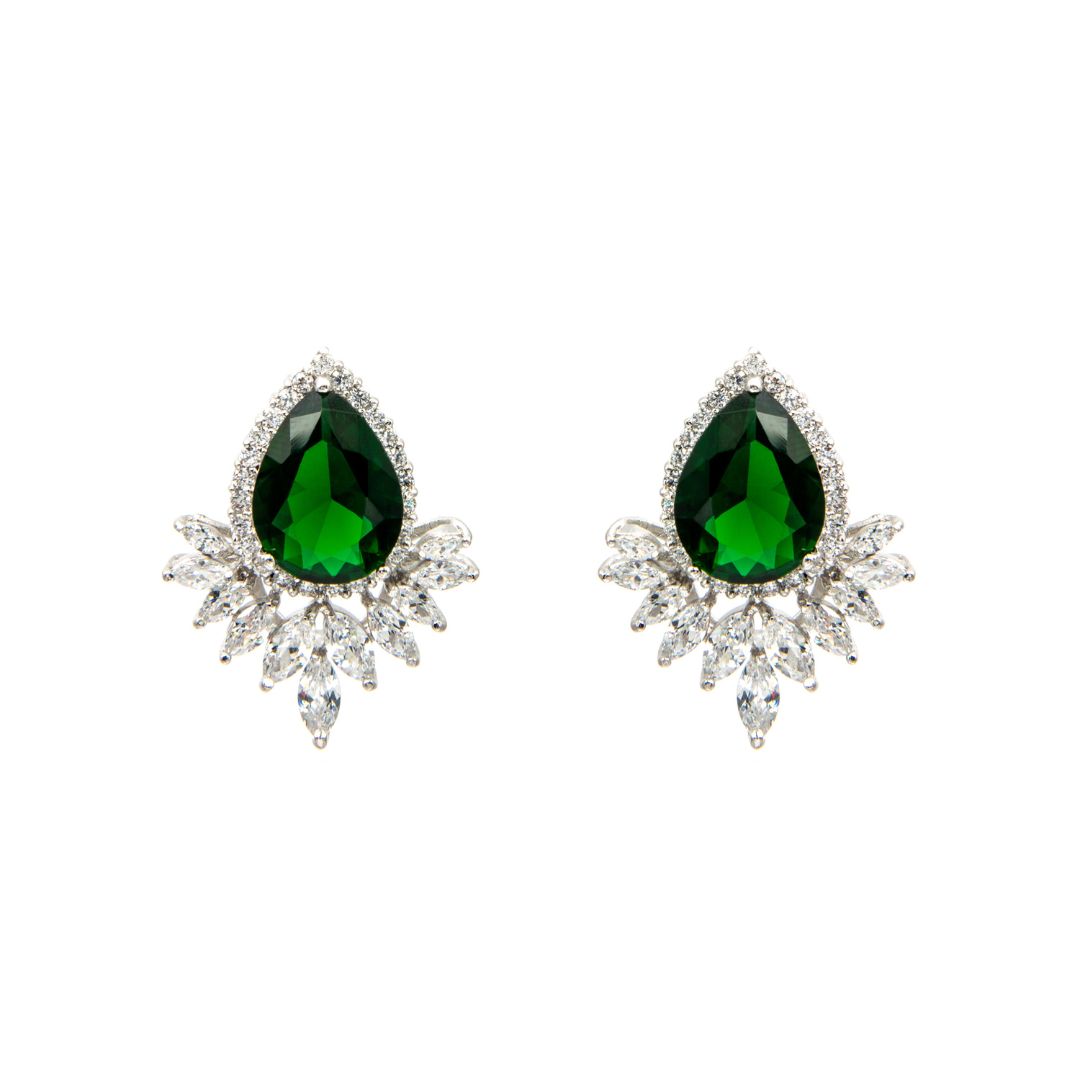 Natural Emerald Green Earrings in Pear Shape with Moissanite and Silver