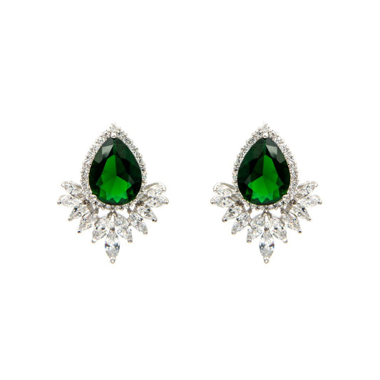 Natural Emerald Green Earrings in Pear Shape with Moissanite and Silver