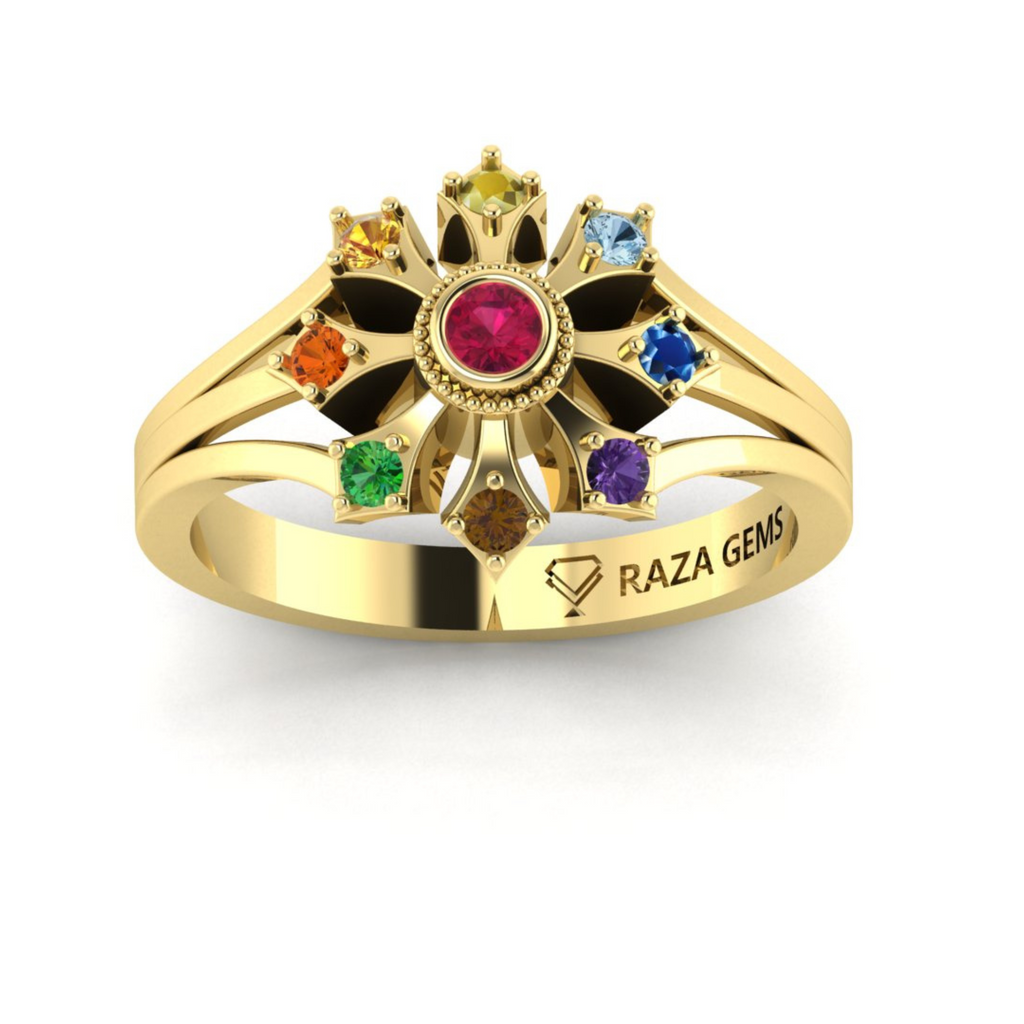 Navratna Stones Ring for Women in 18K Yellow Gold for Sale