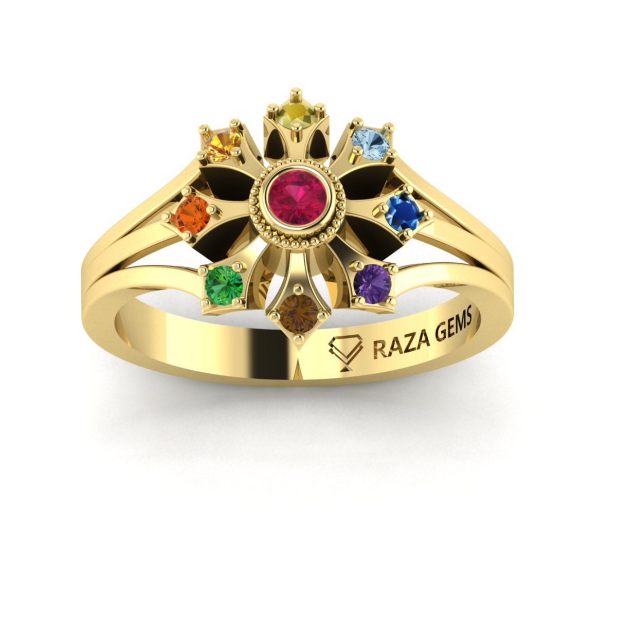 Navratna Stones Ring for Women in 18K Yellow Gold for Sale