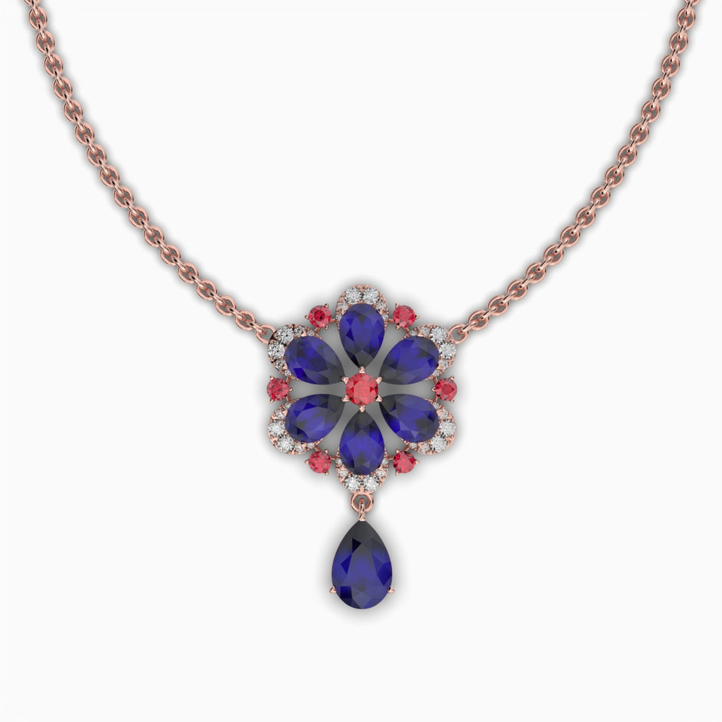 Natural Blue Sapphire Necklace in Gold with Ruby & Moissanite - Aylin