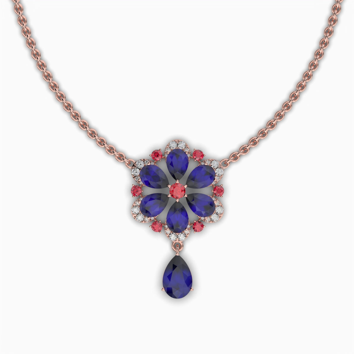 Natural Blue Sapphire Necklace in Gold with Ruby & Moissanite - Aylin