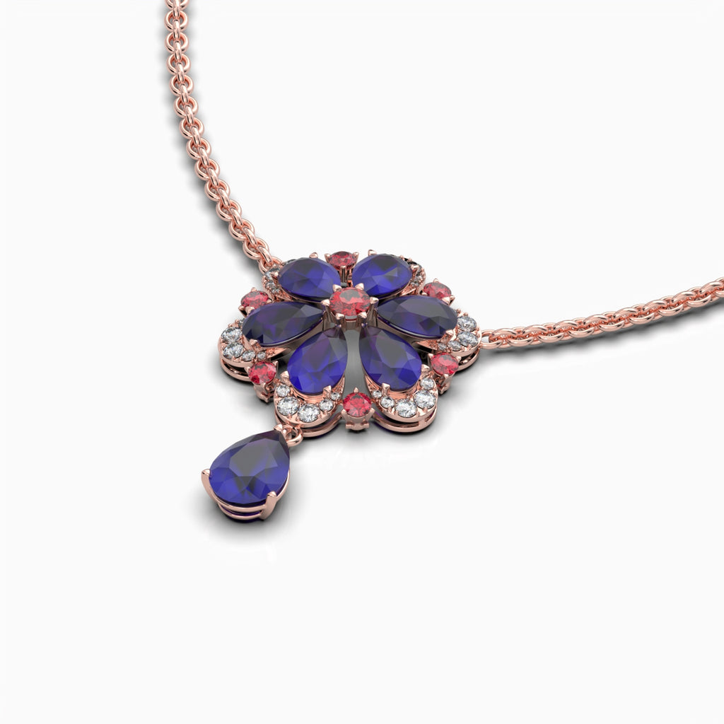 Natural Blue Sapphire Necklace in Gold with Ruby & Moissanite - Aylin