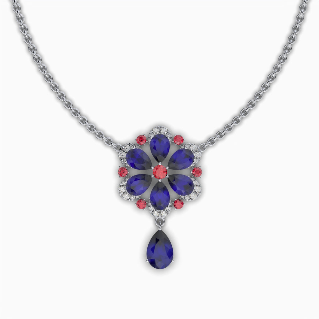 Natural Blue Sapphire Necklace in Gold with Ruby & Moissanite - Aylin