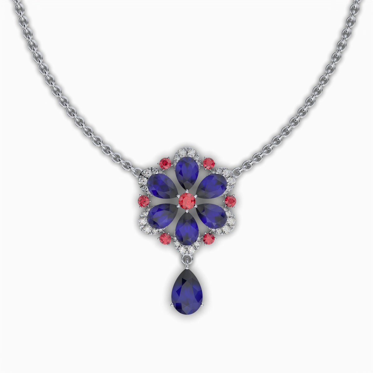 Natural Blue Sapphire Necklace in Gold with Ruby & Moissanite - Aylin