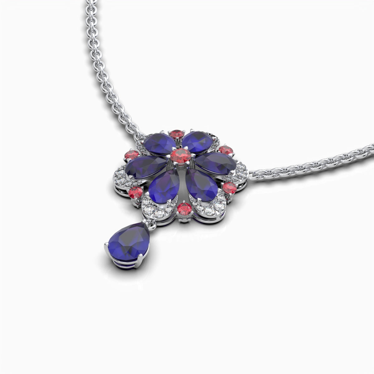 Natural Blue Sapphire Necklace in Gold with Ruby & Moissanite - Aylin