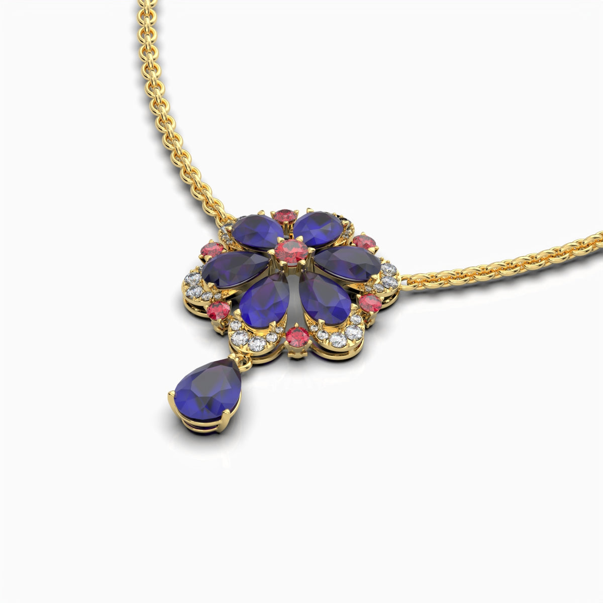 Natural Blue Sapphire Necklace in Gold with Ruby & Moissanite - Aylin