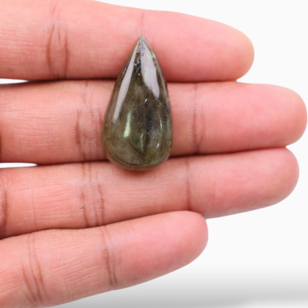 African Natural Labradorite Crystal For Sale Pear Cabochon Shape 29.41 Carats 32.1x17.2mm