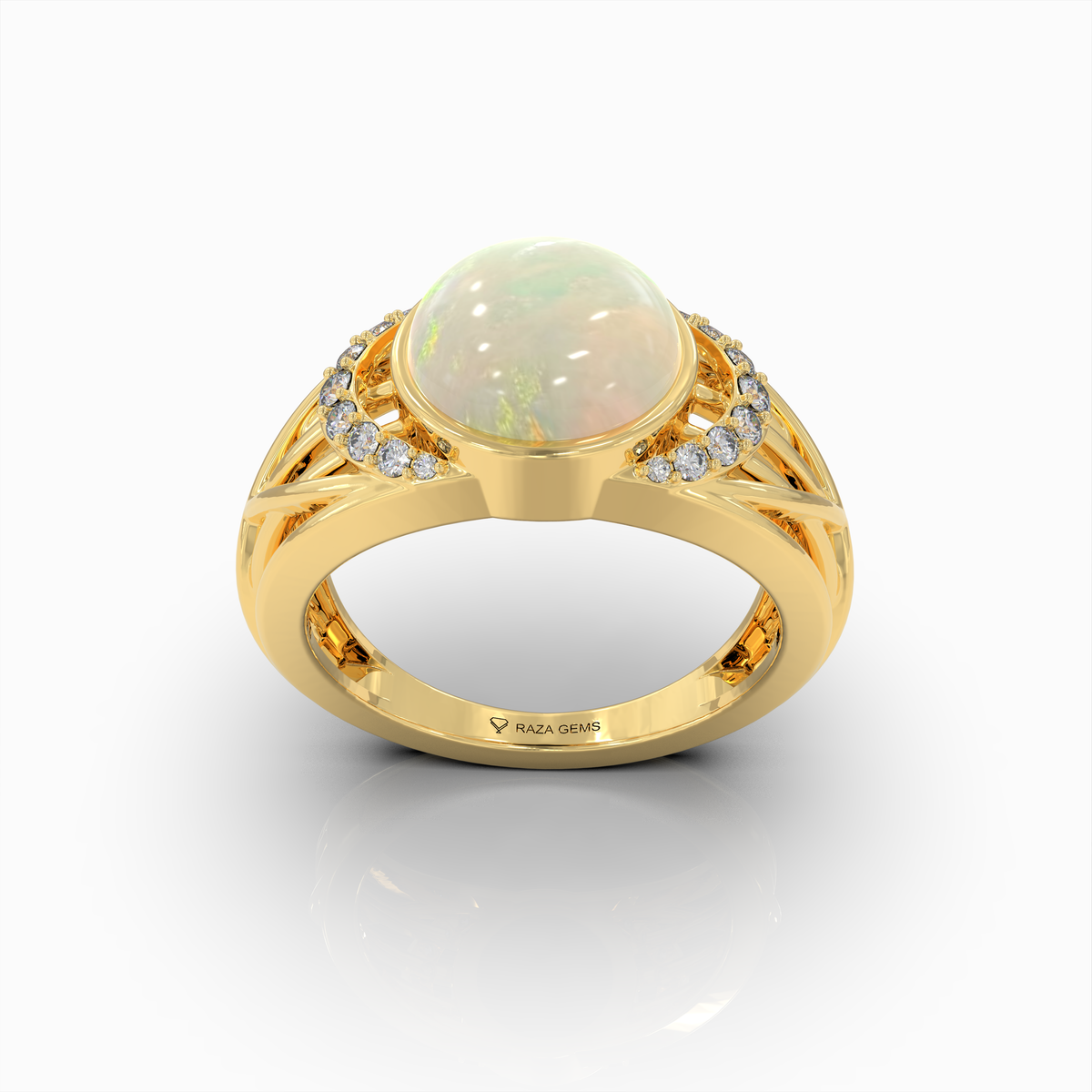Aleana - 18K Gold Natural Opal Cabochon Statement Ring with Moissanite Halo Accents