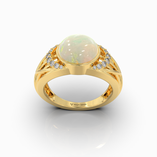 Aleana - 18K Gold Natural Opal Cabochon Statement Ring with Moissanite Halo Accents