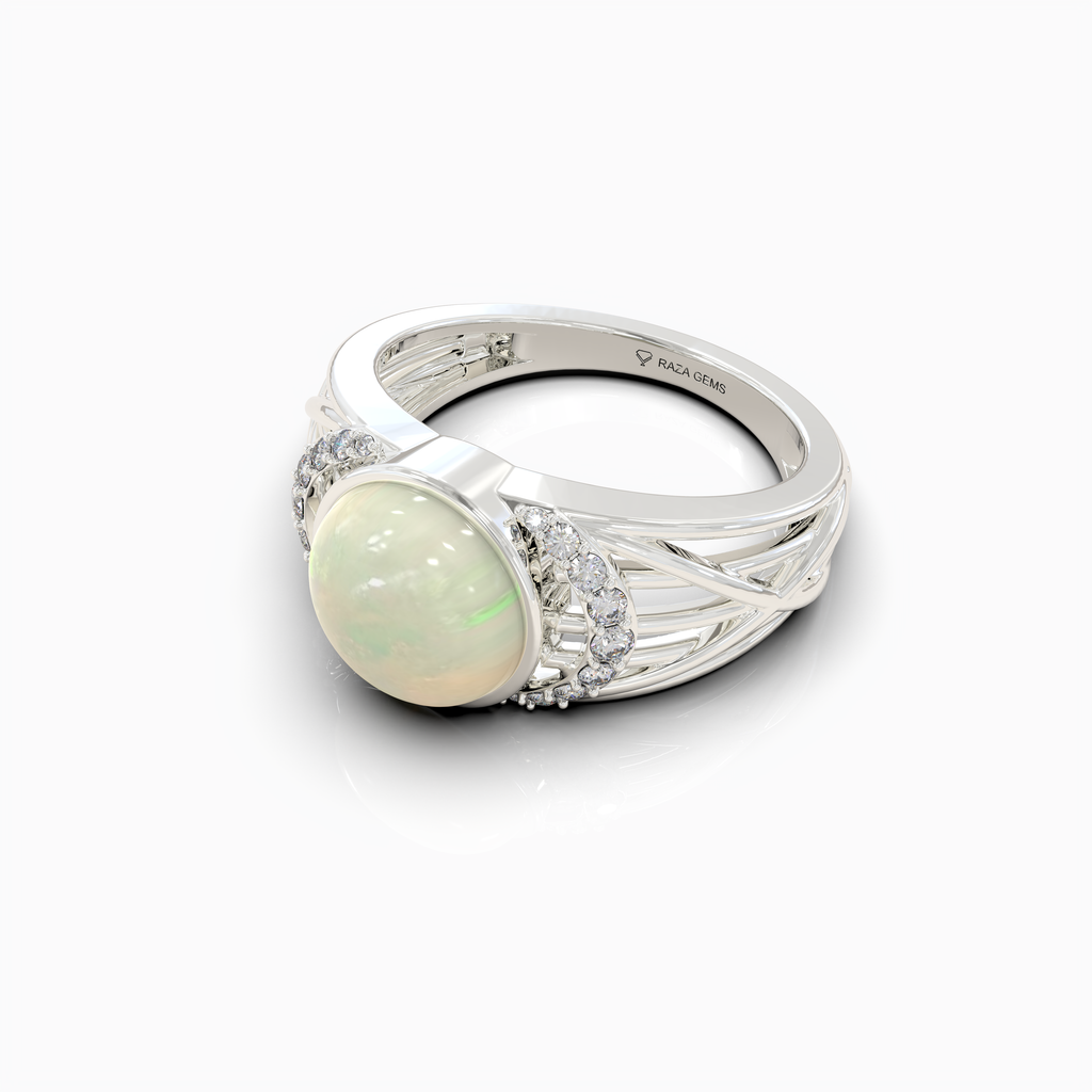Aleana - 18K Gold Natural Opal Cabochon Statement Ring with Moissanite Halo Accents