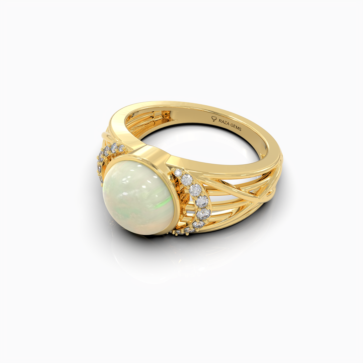 Aleana - 18K Gold Natural Opal Cabochon Statement Ring with Moissanite Halo Accents
