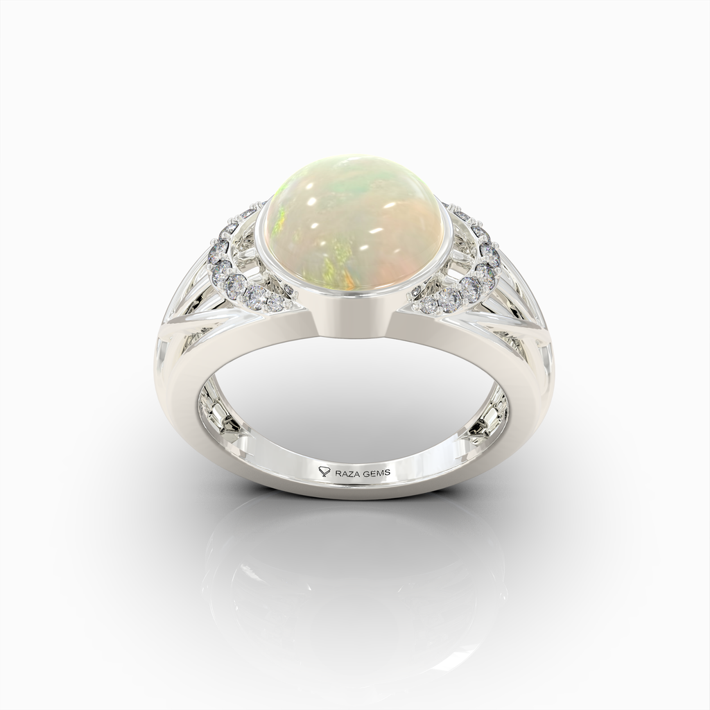Aleana - 18K Gold Natural Opal Cabochon Statement Ring with Moissanite Halo Accents