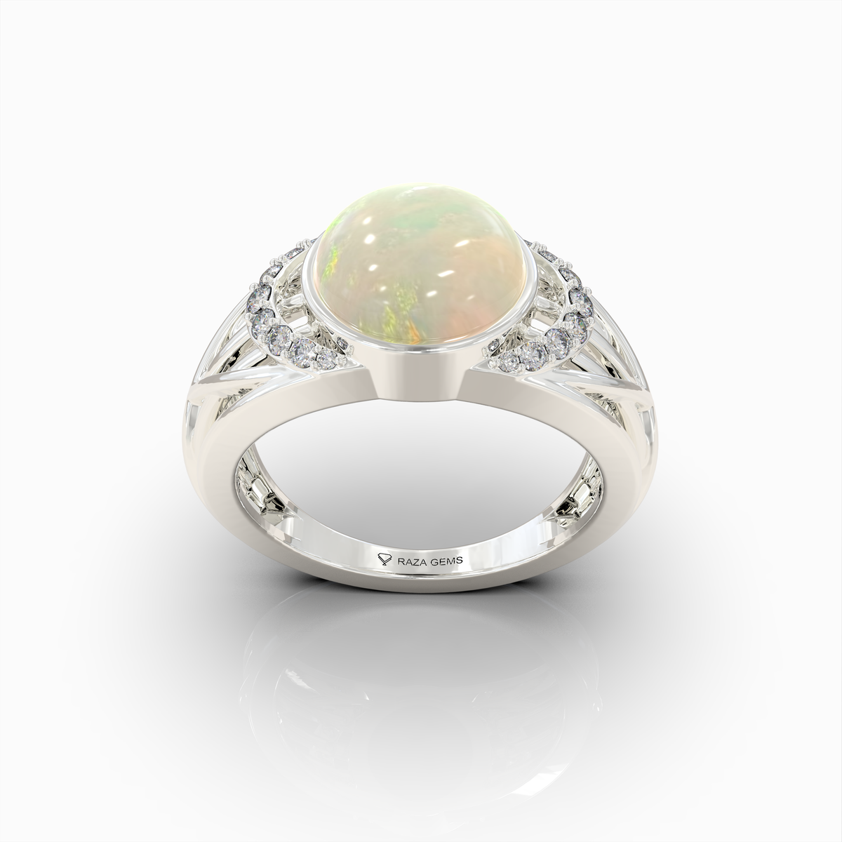 Aleana - 18K Gold Natural Opal Cabochon Statement Ring with Moissanite Halo Accents