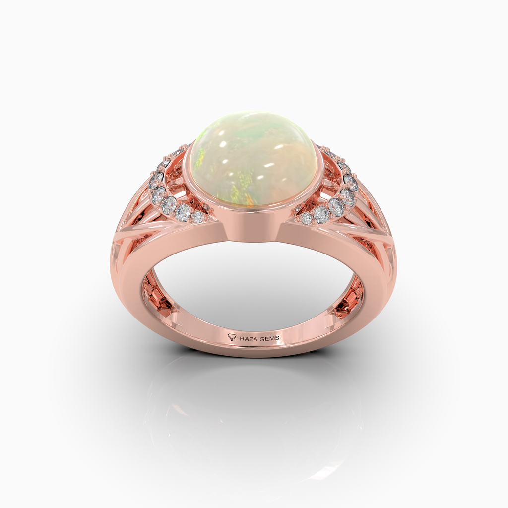 Aleana - 18K Gold Natural Opal Cabochon Statement Ring with Moissanite Halo Accents