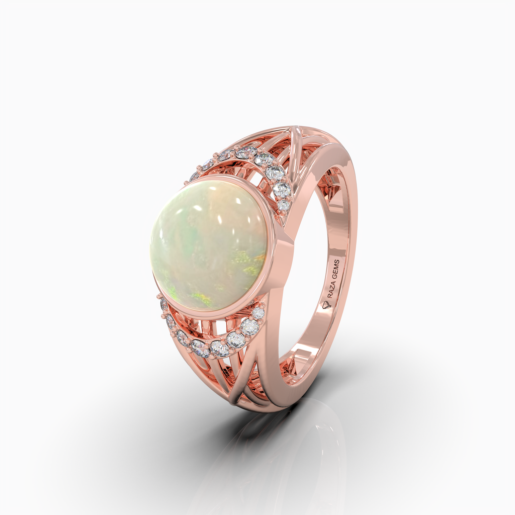 Aleana - 18K Gold Natural Opal Cabochon Statement Ring with Moissanite Halo Accents