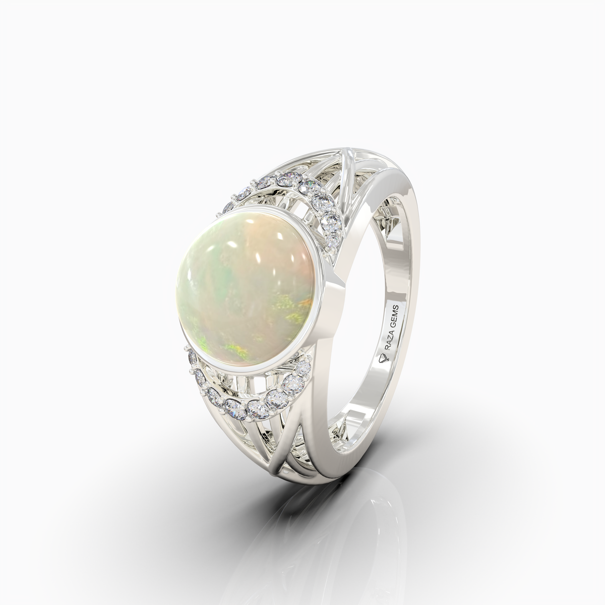 Aleana - 18K Gold Natural Opal Cabochon Statement Ring with Moissanite Halo Accents