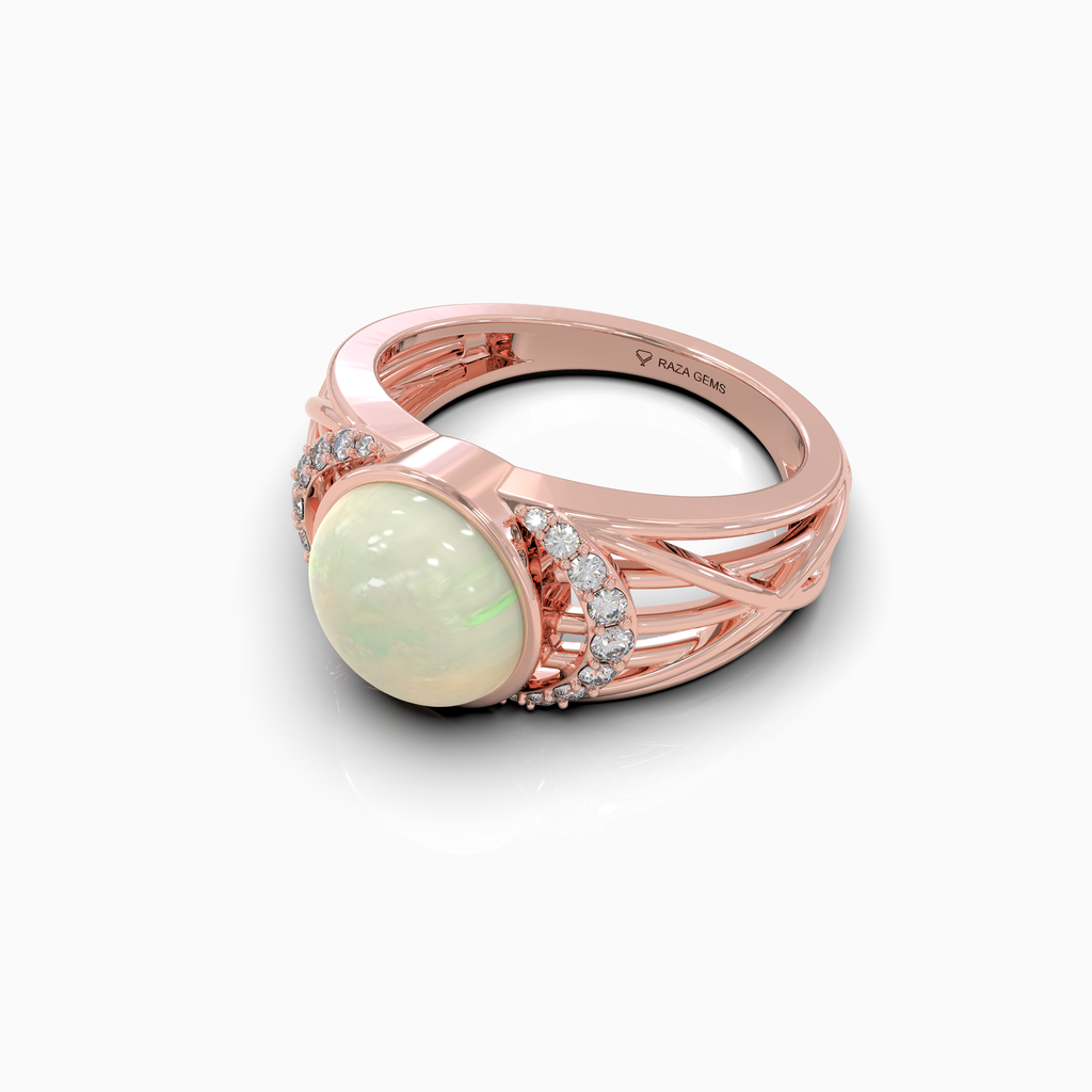 Aleana - 18K Gold Natural Opal Cabochon Statement Ring with Moissanite Halo Accents