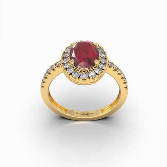 Clarice - 18K Gold Emerald-Cut Ruby Ring with Green Moissanite Side Stones | Yellow, White & Rose Gold