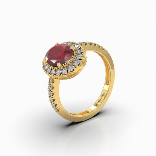 Clarice - 18K Gold Emerald-Cut Ruby Ring with Green Moissanite Side Stones | Yellow, White & Rose Gold