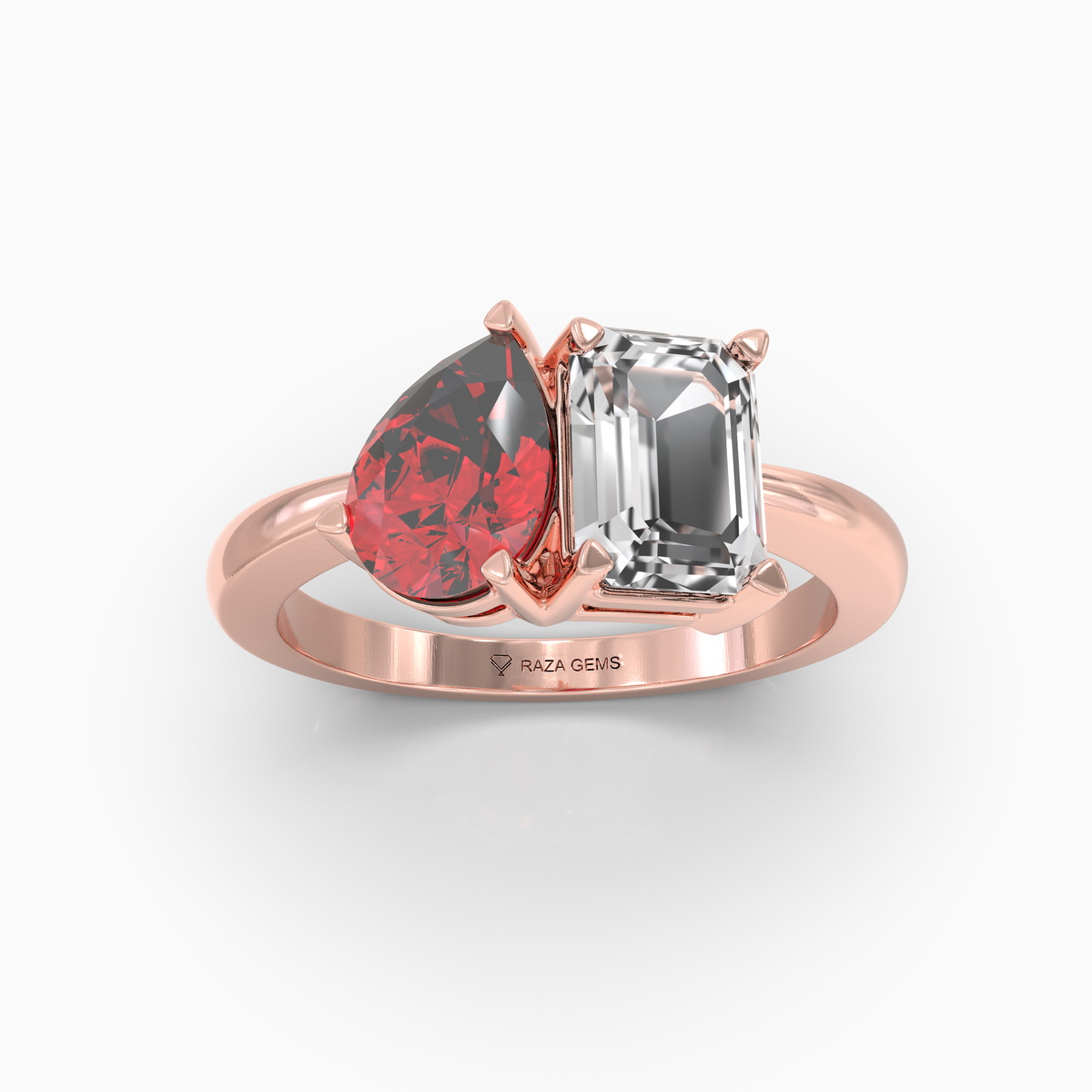 Callie - 18K Gold Natural Pear Ruby & Emerald Moissanite Two-Stone Ring | Yellow, White & Rose Gold