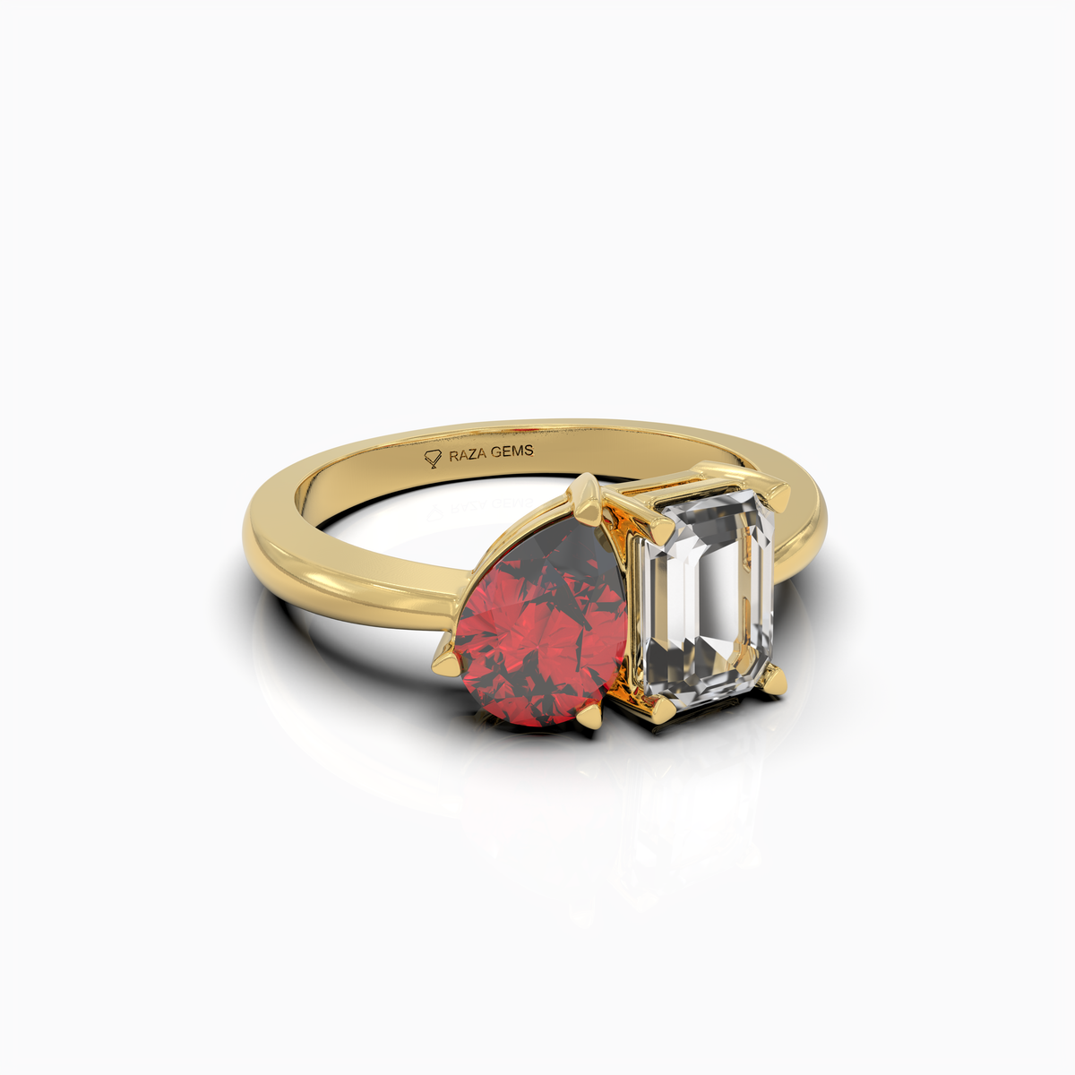 Callie - 18K Gold Natural Pear Ruby & Emerald Moissanite Two-Stone Ring | Yellow, White & Rose Gold