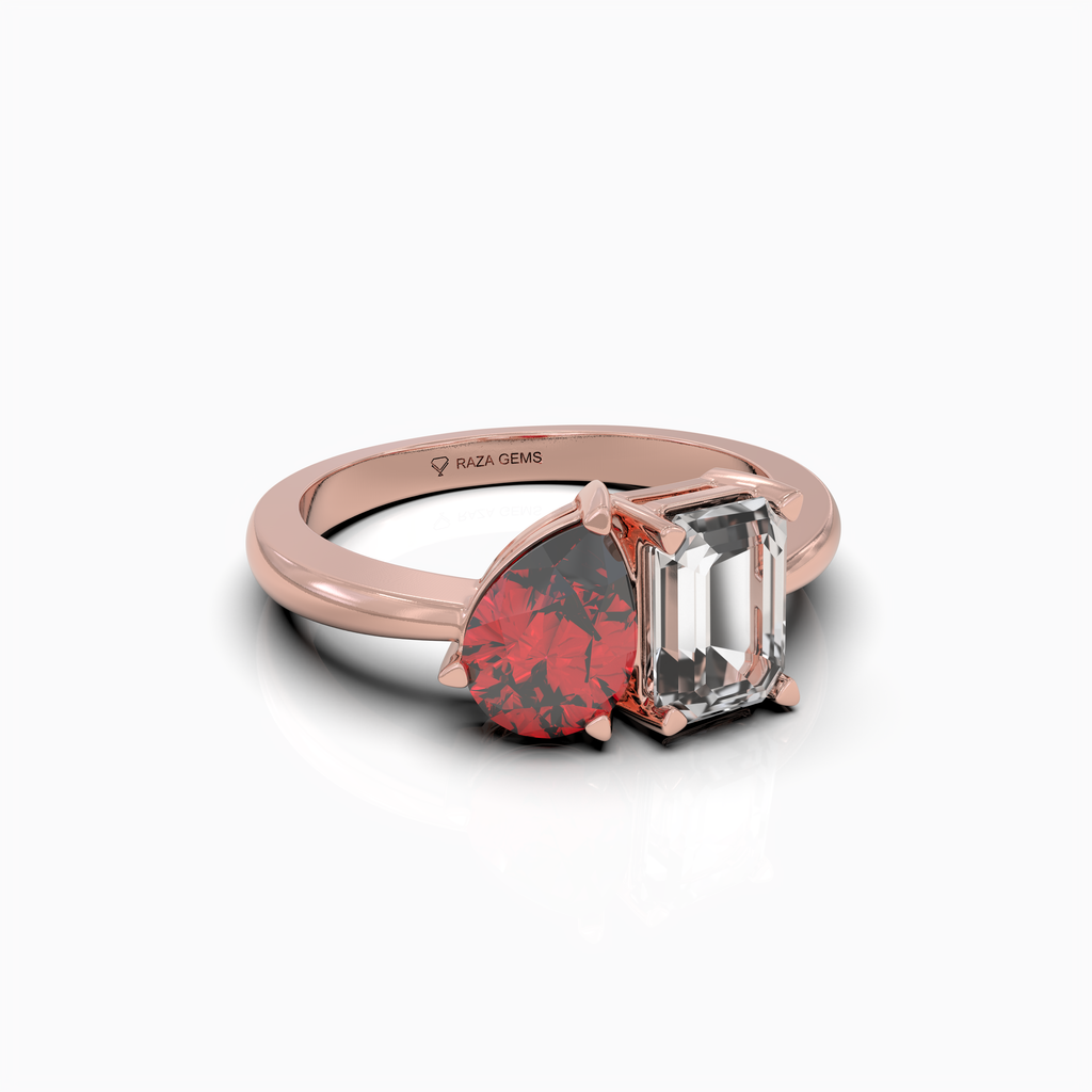 Callie - 18K Gold Natural Pear Ruby & Emerald Moissanite Two-Stone Ring | Yellow, White & Rose Gold