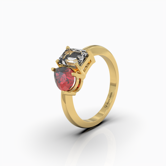 Callie - 18K Gold Natural Pear Ruby & Emerald Moissanite Two-Stone Ring | Yellow, White & Rose Gold